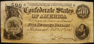 1864 Series Confederate States $500.  00 Note.  T - 64 Civil War.  Jeb Stuart History
