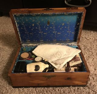 Antique Victorian Wood Jewelry Box Jane Eyre Primitive Doll Romantic Vanity Silk