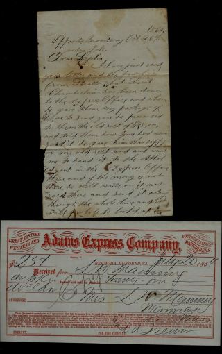 13th Massachusetts Artillery Civil War Letter With Adams Express Receipt