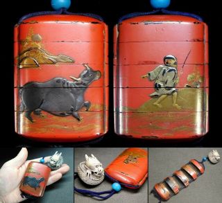 Rare Zen Motif Makie Lacquered Inro W Dragon Netsuke 19thc Japanese Edo Antique