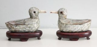 A Pair Late C19th Mother Of Pearl Chinese Duck Boxes,  Concealed Lids