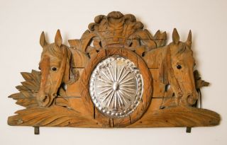 Antique Architectural Over Mantle French Carved Horse Heads Mirror Equestrian