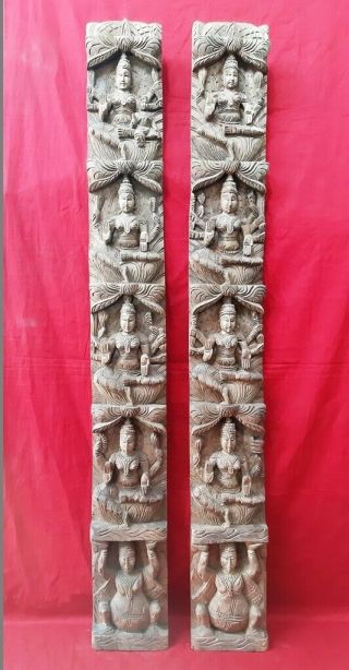 Hindu Temple Ashta Lekshmi Vertical Panel Devi Lakshmi Wooden Wall Statue Pair
