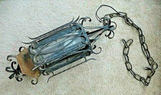 Antique Gothic Medieval Wrought Iron Hanging Light Fixture Foyer Porch Salvage