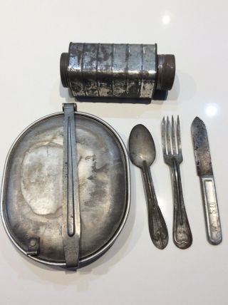 Wwi U.  S.  Army 1918 Mess Kit With Utensils 1917 Meat Can Condiment Tin
