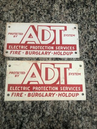 Two Metal Vintage Adt Signs.  Vgc.  Hard To Find.  Fire Burglar Holdup.  Wow