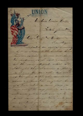 1862 Civil War Letter Written From Western Union Military College In Fulton,  Il