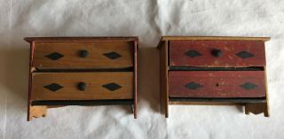 2 Antique Primitive Folk Art Wood Wooden Miniature Cupboard Dresser Old Paint