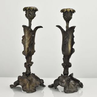 Antique French Art Nouveau Cast Metal Candlesticks