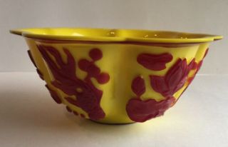 Antique Chinese Yellow & Red Peking Glass Scalloped Bowl 4
