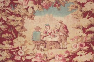 Toile Fabric Colorful Antique French Red & Blue C1900 Romantic Scenes Cotton