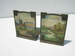 Antique Tiffany Studios Era Bronze Bookends With 1925 Landscape Paintings