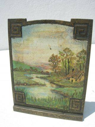 Antique Tiffany Studios era Bronze Bookends with 1925 Landscape Paintings 4