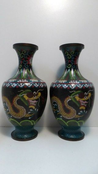 Antique Pair Asian Chinese Japanese Cloisonne Enamel Dragon Vases