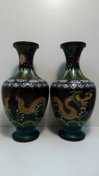 ANTIQUE PAIR ASIAN CHINESE JAPANESE CLOISONNE ENAMEL DRAGON VASES 2