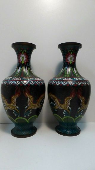 ANTIQUE PAIR ASIAN CHINESE JAPANESE CLOISONNE ENAMEL DRAGON VASES 3