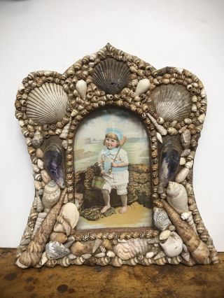 Antique Victorian Sea Shell Frame Girl Boy Child At Beach Sand Bucket Spade
