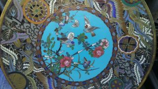 Antique Japanese Meiji Period Cloisonne Charger Plate Raised Base 12 " Diameter