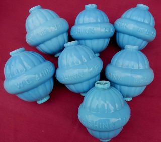 7 Antique Wc Shinn Mfg Co Lite Blue Milk Glass Belted Signed Lightning Rod Balls
