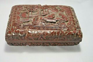 Antique Vintage Chinese Cinnabar Lacquer Carved Box Lid Signed