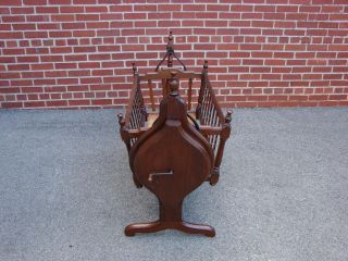 Victorian Walnut Mechanical " Self - Rocking " Baby Cradle W Key