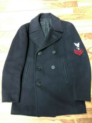 Vtg Us Navy Issue Wool Pea Coat Jacket Size 38 Patched Stenciled Name On Ww2 ?