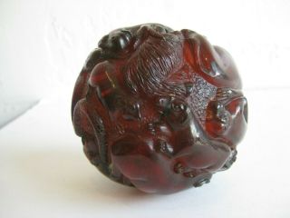 Fine Old Chinese Carved Cherry Amber Figural Dragon Zodiac Ball Sculpture Statue 11