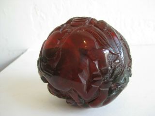 Fine Old Chinese Carved Cherry Amber Figural Dragon Zodiac Ball Sculpture Statue 12