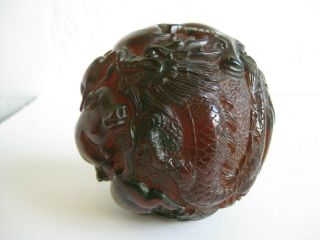Fine Old Chinese Carved Cherry Amber Figural Dragon Zodiac Ball Sculpture Statue