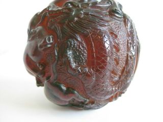 Fine Old Chinese Carved Cherry Amber Figural Dragon Zodiac Ball Sculpture Statue 3