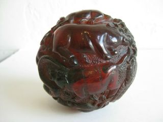 Fine Old Chinese Carved Cherry Amber Figural Dragon Zodiac Ball Sculpture Statue 4