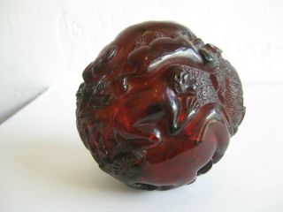 Fine Old Chinese Carved Cherry Amber Figural Dragon Zodiac Ball Sculpture Statue 6