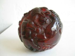 Fine Old Chinese Carved Cherry Amber Figural Dragon Zodiac Ball Sculpture Statue 8