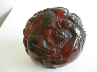 Fine Old Chinese Carved Cherry Amber Figural Dragon Zodiac Ball Sculpture Statue 9