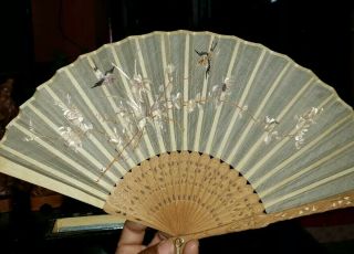 Antique Chinese Embroidered Silk Fan W/ Org Lacquer Box 1900 - 1920