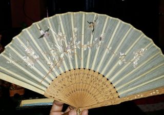 Antique Chinese Embroidered Silk Fan w/ Org Lacquer Box 1900 - 1920 3