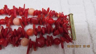 Vintage 4 Strand Natural Red Coral Necklace 14k 585 Gold Clasp 20 "