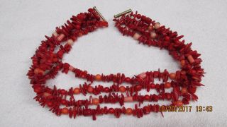 VINTAGE 4 STRAND NATURAL RED CORAL NECKLACE 14K 585 gold clasp 20 