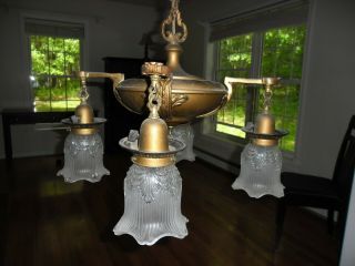 Antique Brass Pan Chandelier 4 Lights Bobeches Ceiling Fixture Ceiling Bell Deco