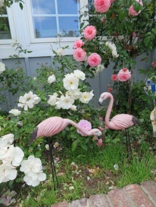 OMG PAIR Old Vintage Metal BABY PINK FLAMINGOES with Legs GARDEN DECOR 10