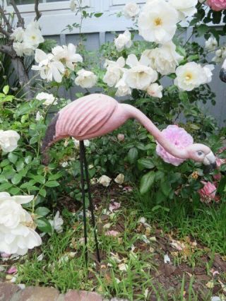 OMG PAIR Old Vintage Metal BABY PINK FLAMINGOES with Legs GARDEN DECOR 3