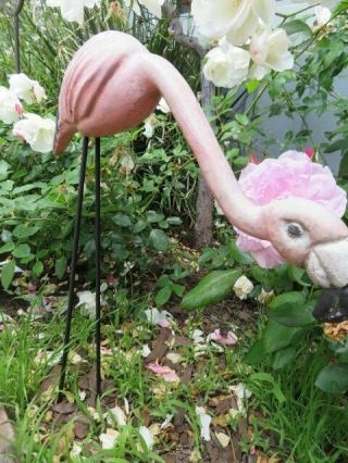 OMG PAIR Old Vintage Metal BABY PINK FLAMINGOES with Legs GARDEN DECOR 6