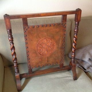 Antique Wooden/leather Fireplace Screen Just