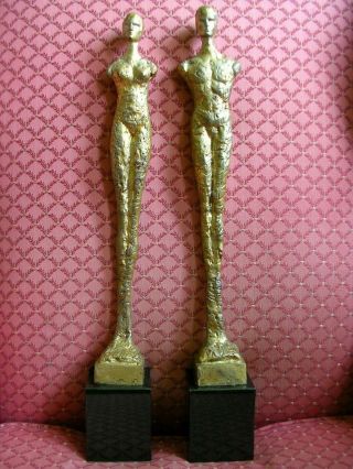 Vtg Mid Century Modern Man Woman Metal Figures Sculptures Marble Bases Brutalist