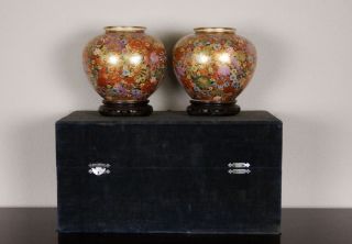 Signed Pair Antique Japanese 19th Meiji Satsuma Vase Millefleur Flowers - Box