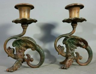 Pair (2) Antique Art Deco Era Winged Dragon Old Cast Iron Figural Candlesticks