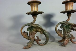 Pair (2) Antique ART DECO Era WINGED DRAGON Old CAST IRON Figural CANDLESTICKS 2