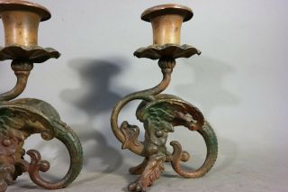 Pair (2) Antique ART DECO Era WINGED DRAGON Old CAST IRON Figural CANDLESTICKS 3