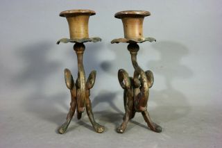 Pair (2) Antique ART DECO Era WINGED DRAGON Old CAST IRON Figural CANDLESTICKS 4