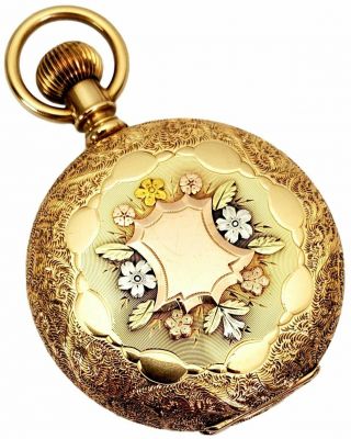 ANTIQUE ELGIN 19TH C.  AMERICAN SOLID TRI - COLOR 14K GOLD HUNTER CASE POCKET WATCH 3